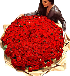 Imponente Composizione di 200 Rose Rosse Big. Varietà di Prima Scelta con Verde Misto Decorativo di Stagione in Lussuosa Confezione a Tono