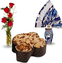 5 rose rosse con colomba e uovo di Pasqua