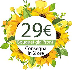 Bouquet con Girasoli e Verde Decorativo di Stagione in Confezione a Tono. Un'ottima scelta per le Occasioni di Ogni Giorno