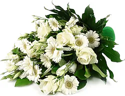 Fascio Funebre di Gerbere e Rose Elegantamente Confezionate con Verde Decorativo