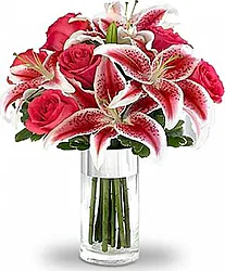 Rose Rosse Big e Lilium con Verde Decorativo di Stagione in Elegante Confezione a tono