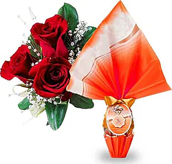 Uovo di Pasqua con 3 Rose Rosse Big in elegante confezione con verde decorativo