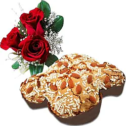 Colomba Pasquale con 3 Rose Rosse Big in elegante confezione con verde decorativo