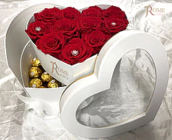 Box Cuore con Ferrero Rocher e 12 Rose Rosse Stabilizzate di Alta Qualità Vere ed Eterne in Raffinata Confezione Rigida